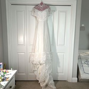 Vintage white wedding gown with train & bustle